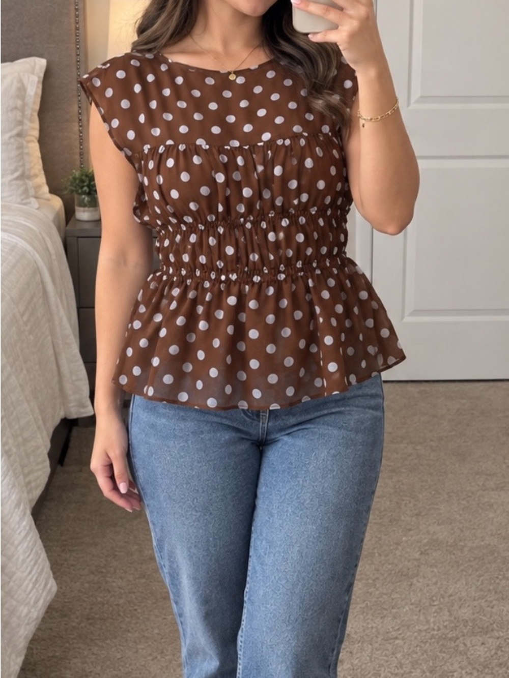 Princess Polly Brown Polka Dot Smocked Peplum Blouse